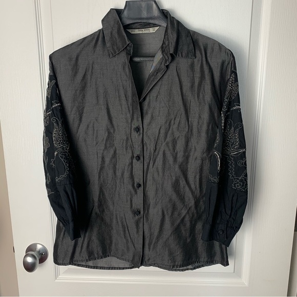 ZARA blouse top embroidery chambray artsy boho - Picture 1 of 4